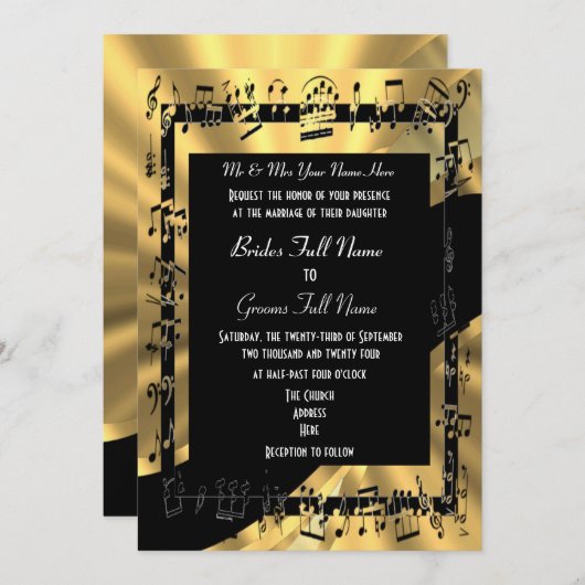 シックな金ゴールドのエレガントでフォーマルな結婚式 招待状 (正面/裏面)