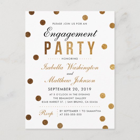 シックな金ゴールドのグリッターの紙吹雪の婚約パーティ インビテーションポストカード (正面)