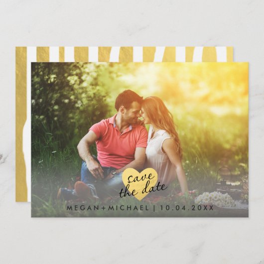 シックな金ゴールドのハートの保存日付の写真カード セーブザデート (正面/裏面)