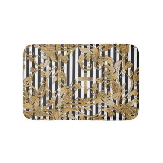 シックな金ゴールドのフェイクなグリッターによってはヴィンテージが縞で飾ります開花します バスマット (正面)