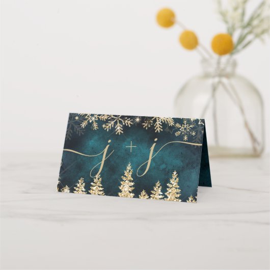 シックな金ゴールドの松の緑のクリスマス冬のテーブル プレイスカード (裏面)