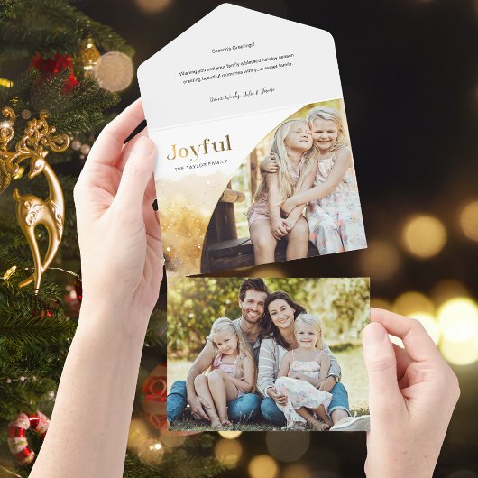 シックな金ゴールドの楽しいスクリプトと曲線写真 オールインワン招待状