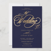 シックな金ゴールドの海軍は全て一つの書道結婚の 招待状 (正面)