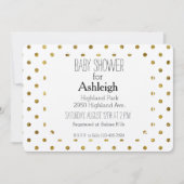 シックな金ゴールドの魅力的で、白い水玉模様のベビーシャワー 招待状 (正面)