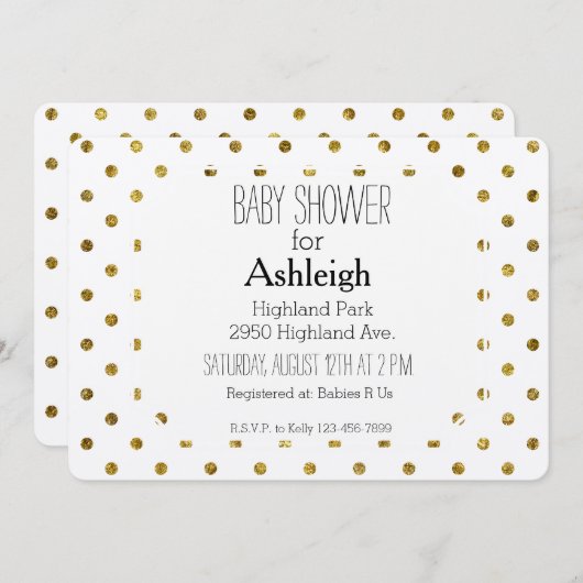 シックな金ゴールドの魅力的で、白い水玉模様のベビーシャワー 招待状 (正面/裏面)