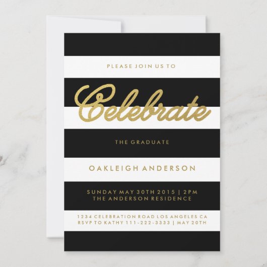 シックな金ゴールドは及び|の写真の卒業の発表を黒くします 招待状 (裏面)