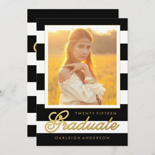 シックな金ゴールドは及び|の写真の卒業の発表を黒くします 招待状 (正面/裏面)