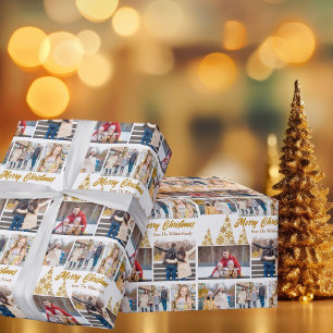 シックな金ゴールドクリスマスツリーファミリーフォトコラージュ ラッピングペーパー