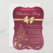 シックな金ゴールドクリスマスツリー、ボウクリスマスパーティー 招待状 (正面)