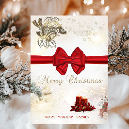 シックな金ゴールドクリスマスベル、キャンドル、レッドボウ シーズンカード