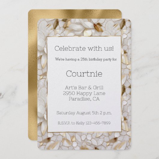 シックな金ゴールドグラムホワイトロータスフラワー 招待状 (正面/裏面)