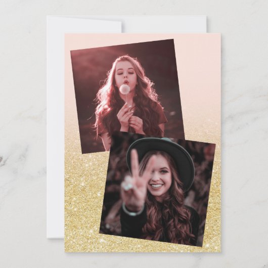 シックな金ゴールドグリッターグラデーションピンク3枚の写真の卒業 招待状 (裏面)