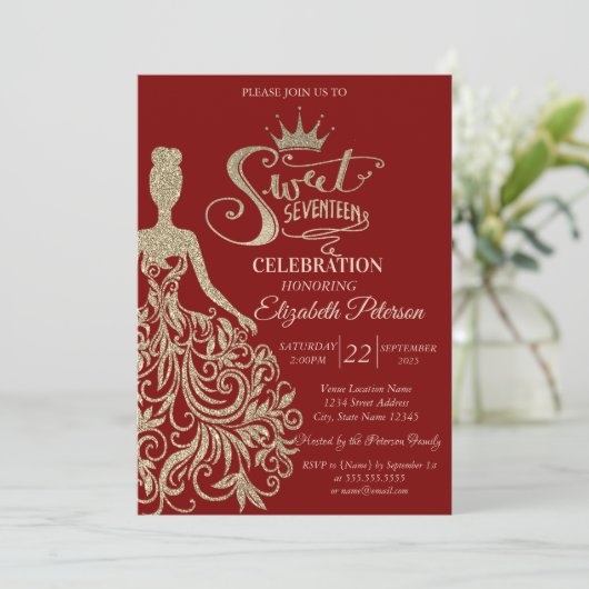 シックな金ゴールドグリッタードレスティアラレッドスウィートセブン 招待状 (スタンド正面)