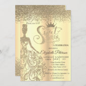 シックな金ゴールドグリッタードレス、ティアラ、ダイアモンズスウィート16 招待状 (正面/裏面)