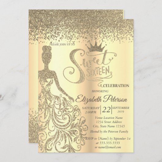 シックな金ゴールドグリッタードレス、ティアラ、ダイアモンズスウィート16 招待状 (正面/裏面)