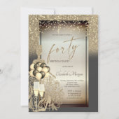 シックな金ゴールドグリッタードレス、バルーン、40歳の誕生日 招待状 (正面)