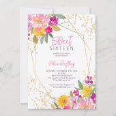 シックな金ゴールドグリッターフローラ水の色の写真Sweet 16 招待状 (正面)