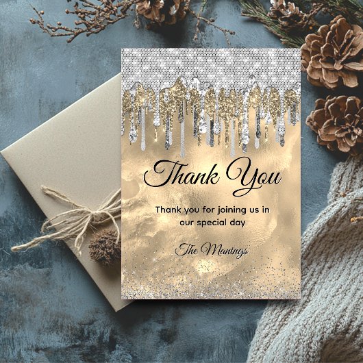 シックな金ゴールドシルバーグリッタードリップスサンキュー カード