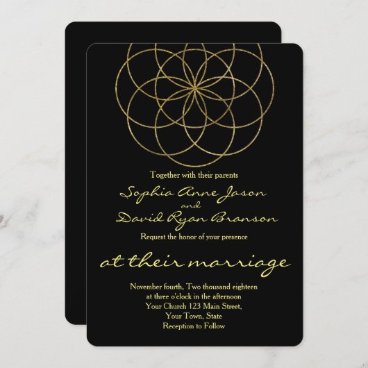 シックな金ゴールドシードの生命の神聖な幾何学結婚の 招待状 (正面/裏面)