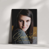 シックな金ゴールドスクリプトフォト卒業のお知らせ 箔招待状