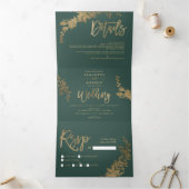 シックな金ゴールドスクリプトフローラリーフエレガントな結婚式 三つ折り招待状 (内部)