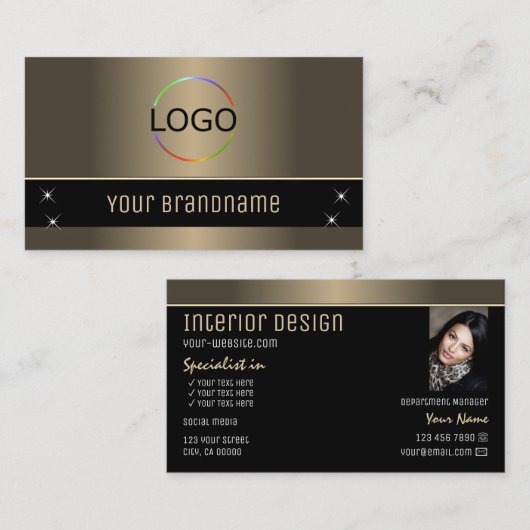 シックな金ゴールドスタイリッシュブラウンブラック(ロゴと写真) 名刺 (正面/裏面)