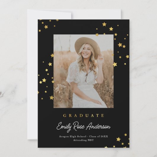 シックな金ゴールドスターズBlk写真卒業発表 招待状 (正面)
