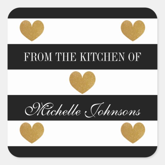 シックな金ゴールドストライプのハートステッカーのキッチンから スクエアシール (正面)