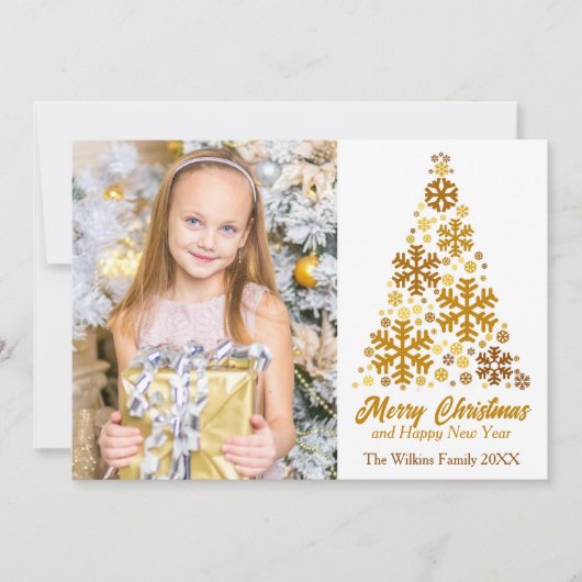 シックな金ゴールドスノーフレークスクリスマスツリーファミリーフォト シーズンカード (正面)