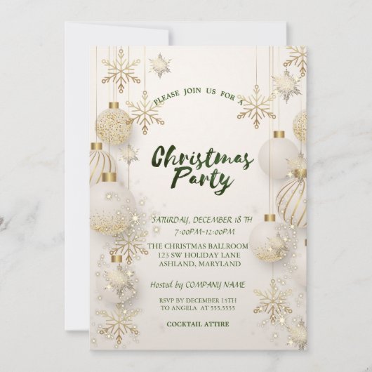 シックな金ゴールドスノーフレーク、ボールクリスマスカンパニーパーティー 招待状 (正面)