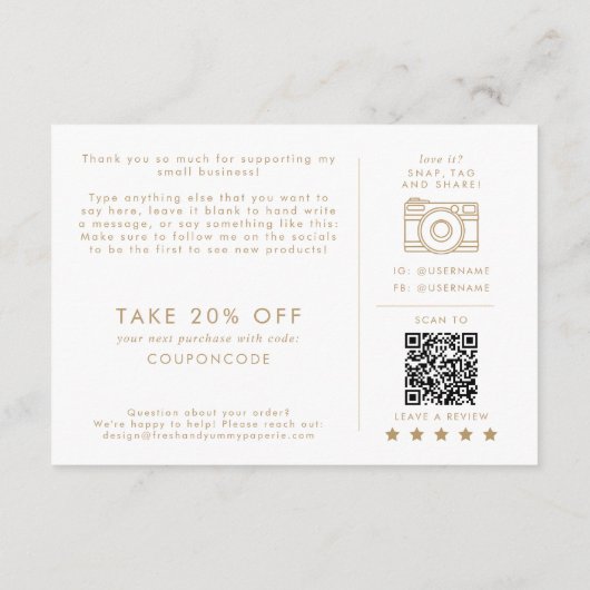 シックな金ゴールドタイポグラフィビジネスロゴありがとうご注文 エンクロージャーカード (裏面)