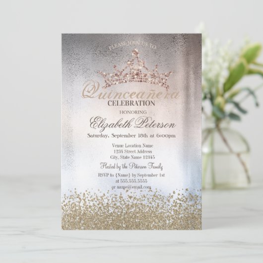 シックな金ゴールドダイヤモンド、ティアラメタリックキンセアニラ 招待状 (スタンド正面)