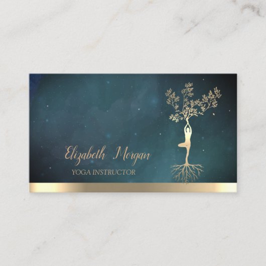 シックな金ゴールドツリー女性シルエット，ヨガ 名刺 (正面)