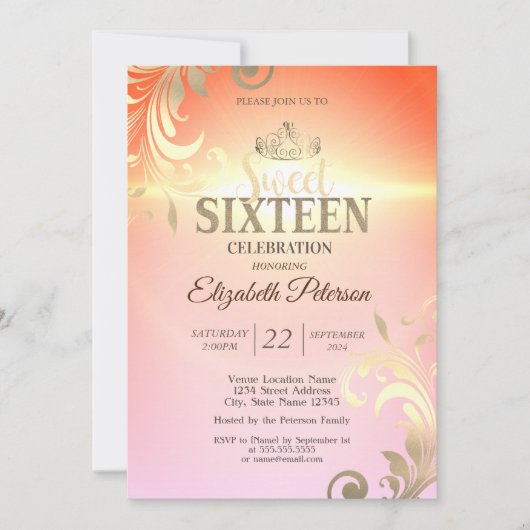 シックな金ゴールドティアラダイヤモンドスワーズスウィート16パーティー 招待状 (正面)