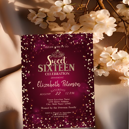 シックな金ゴールドティアラ、ダイアモンズブルガンディースウィート16パーティー 招待状