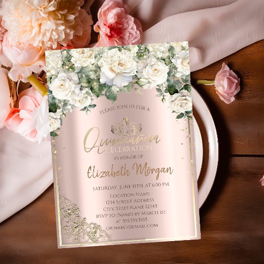 シックな金ゴールドティアラ、ホワイトローゼスダイアモンズキンセアニラ 招待状