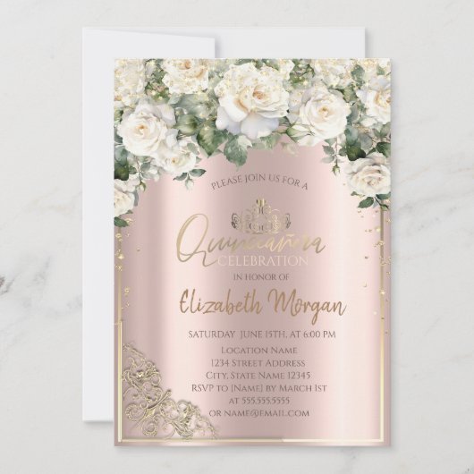 シックな金ゴールドティアラ、ホワイトローゼスダイアモンズキンセアニラ 招待状 (正面)