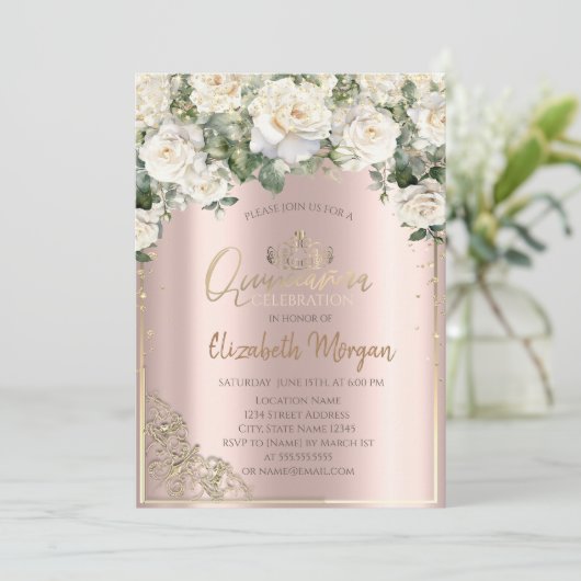 シックな金ゴールドティアラ、ホワイトローゼスダイアモンズキンセアニラ 招待状 (スタンド正面)