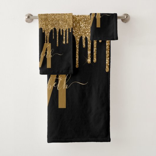 シックな金ゴールドドリッピンググリッターモノグラム名 バスタオルセット (インサイチュ)