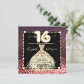 シックな金ゴールドドレスグリッターブルガンディースウィート16 招待状 (スタンド正面)