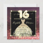 シックな金ゴールドドレスグリッターブルガンディースウィート16 招待状 (正面)