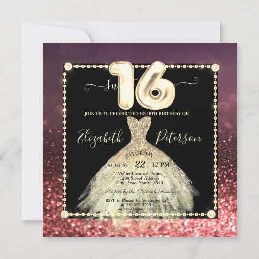 シックな金ゴールドドレスグリッターブルガンディースウィート16 招待状 (正面)