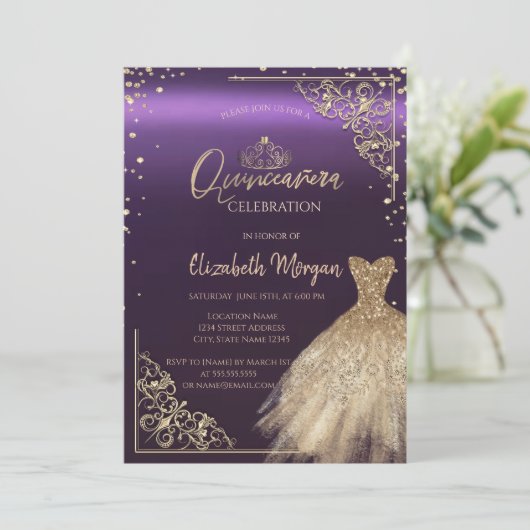 シックな金ゴールドドレスティアラ、ダイアモンズパープルキンセアニラ 招待状 (スタンド正面)