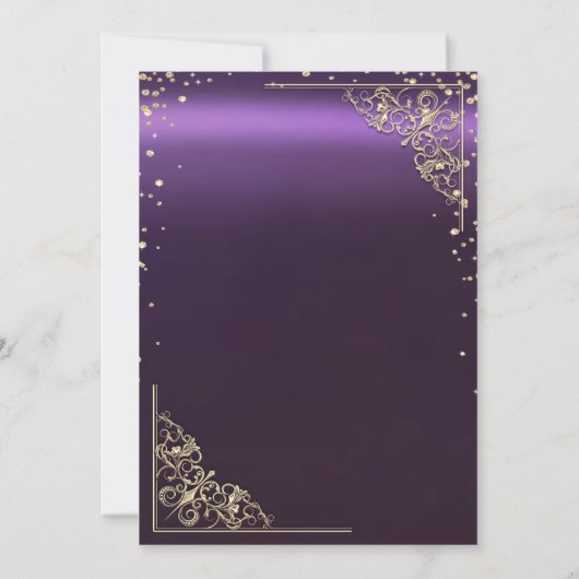 シックな金ゴールドドレスティアラ、ダイアモンズパープルキンセアニラ 招待状 (裏面)