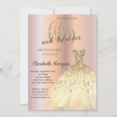 シックな金ゴールドドレス、バラ金ゴールド50th誕生日パーティー 招待状 (正面)