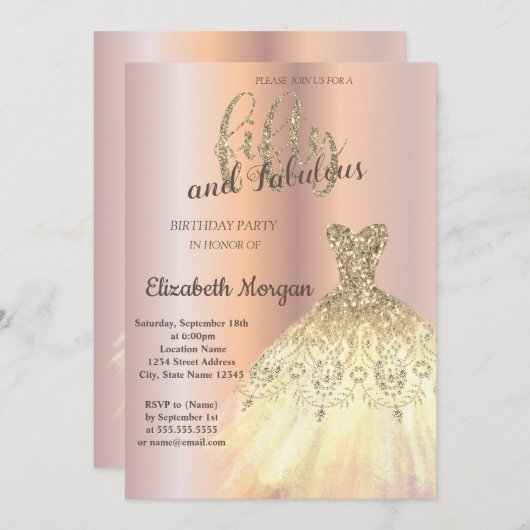 シックな金ゴールドドレス、バラ金ゴールド50th誕生日パーティー 招待状 (正面/裏面)
