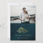 シックな金ゴールドネイビーワカメ日付写真招待状を保存 サンキューカード (正面)