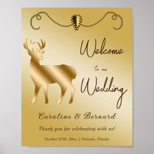 シックな金ゴールドハート&金ゴールドグリッターディアウェルカムサイン ポスター (正面)