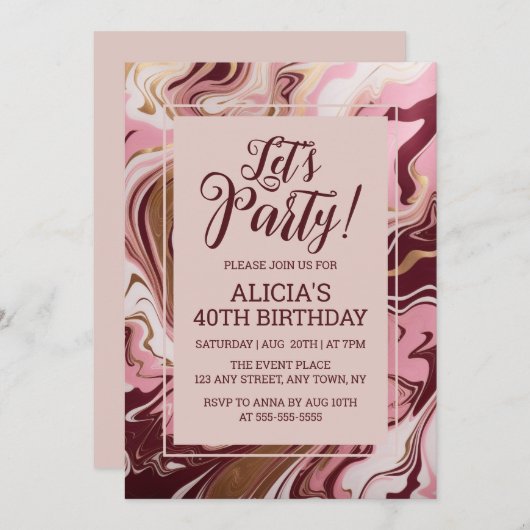 シックな金ゴールドバーガンディーピンクマーブルフュール誕生日 招待状 (正面/裏面)