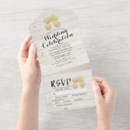 シックな金ゴールドパイナップルカップル白い木製ウェディングRSVP オールインワン招待状